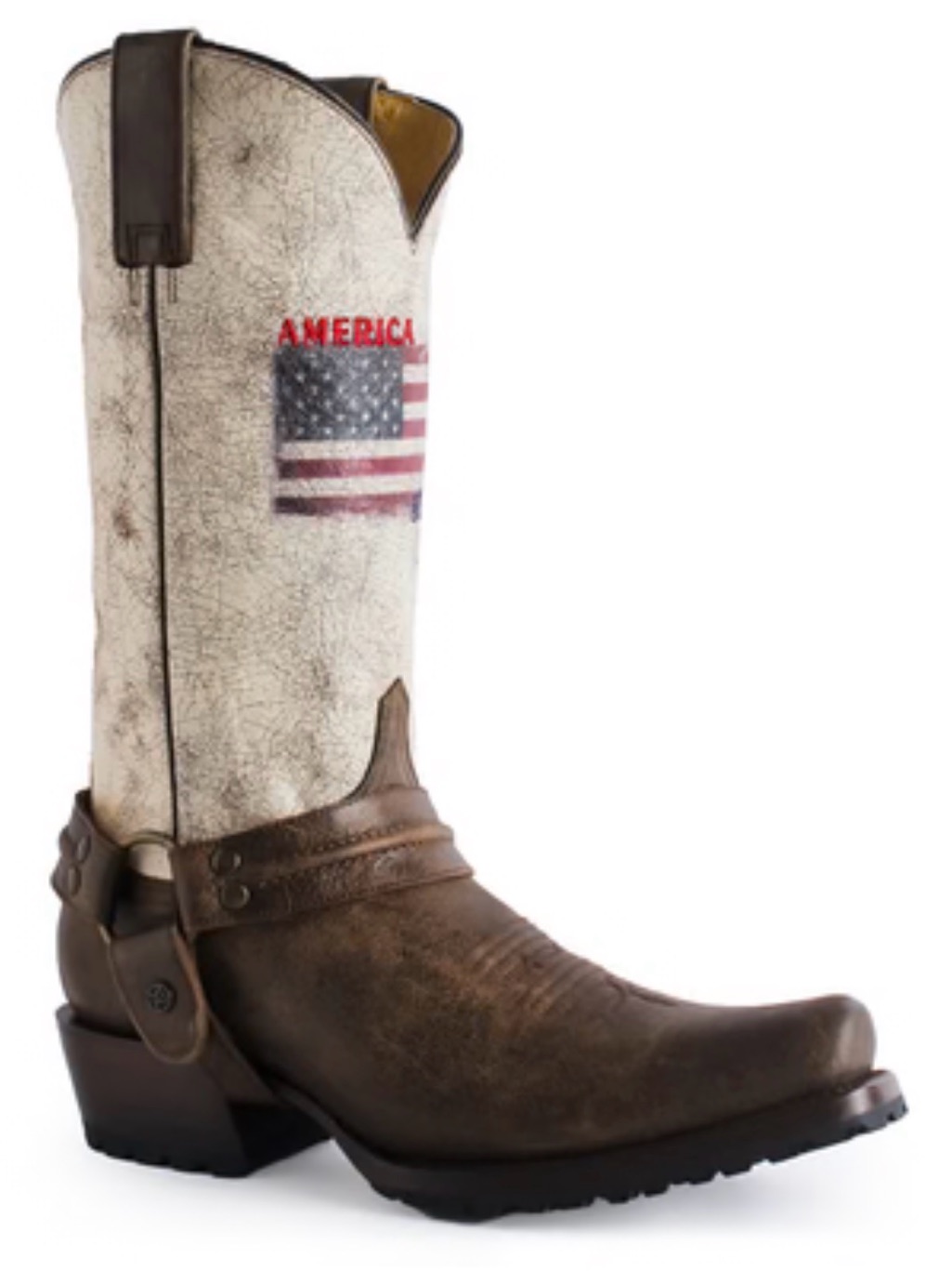 Roper Brown Leather Western Harness Boot With White Shaft And American Flag